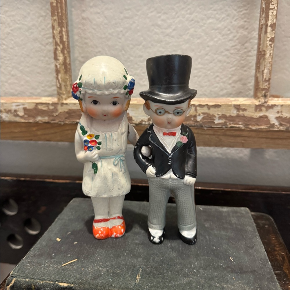 Antique Bisque Wedding Couple Cake Topper Arms Linked